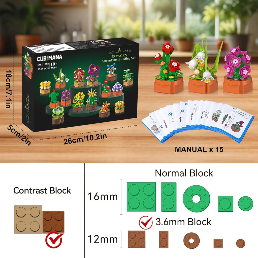 15 Pack Flowers Plants Mini Building Sets - 1314PCS 3.6MM Flower Succulents Botanical Collection for Home Office Décor Block Toy, Party Favors for Christmas Birthday Gift Adults Kids Girl 10+
