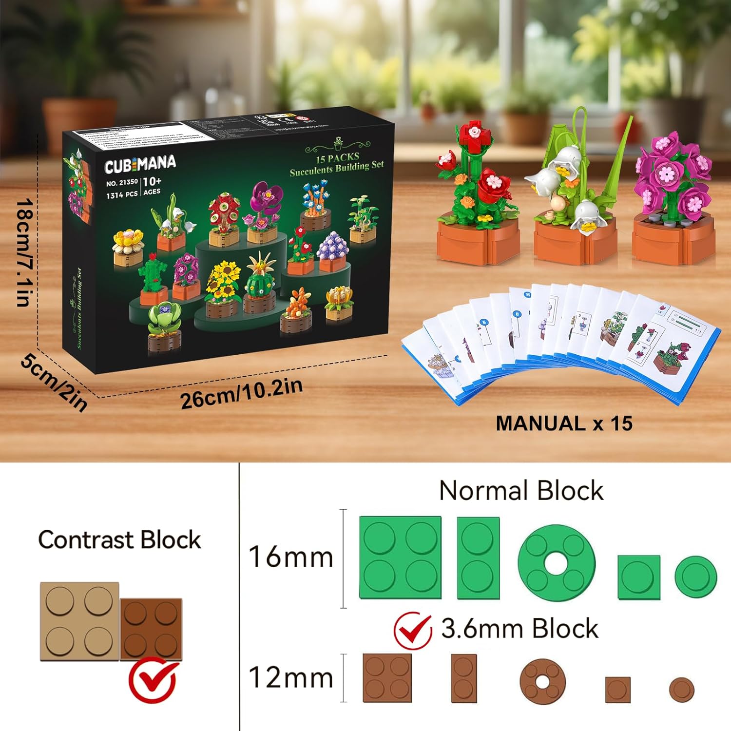 15 Pack Flowers Plants Mini Building Sets - 1314PCS 3.6MM Flower Succulents Botanical Collection for Home Office Décor Block Toy, Party Favors for Christmas Birthday Gift Adults Kids Girl 10+