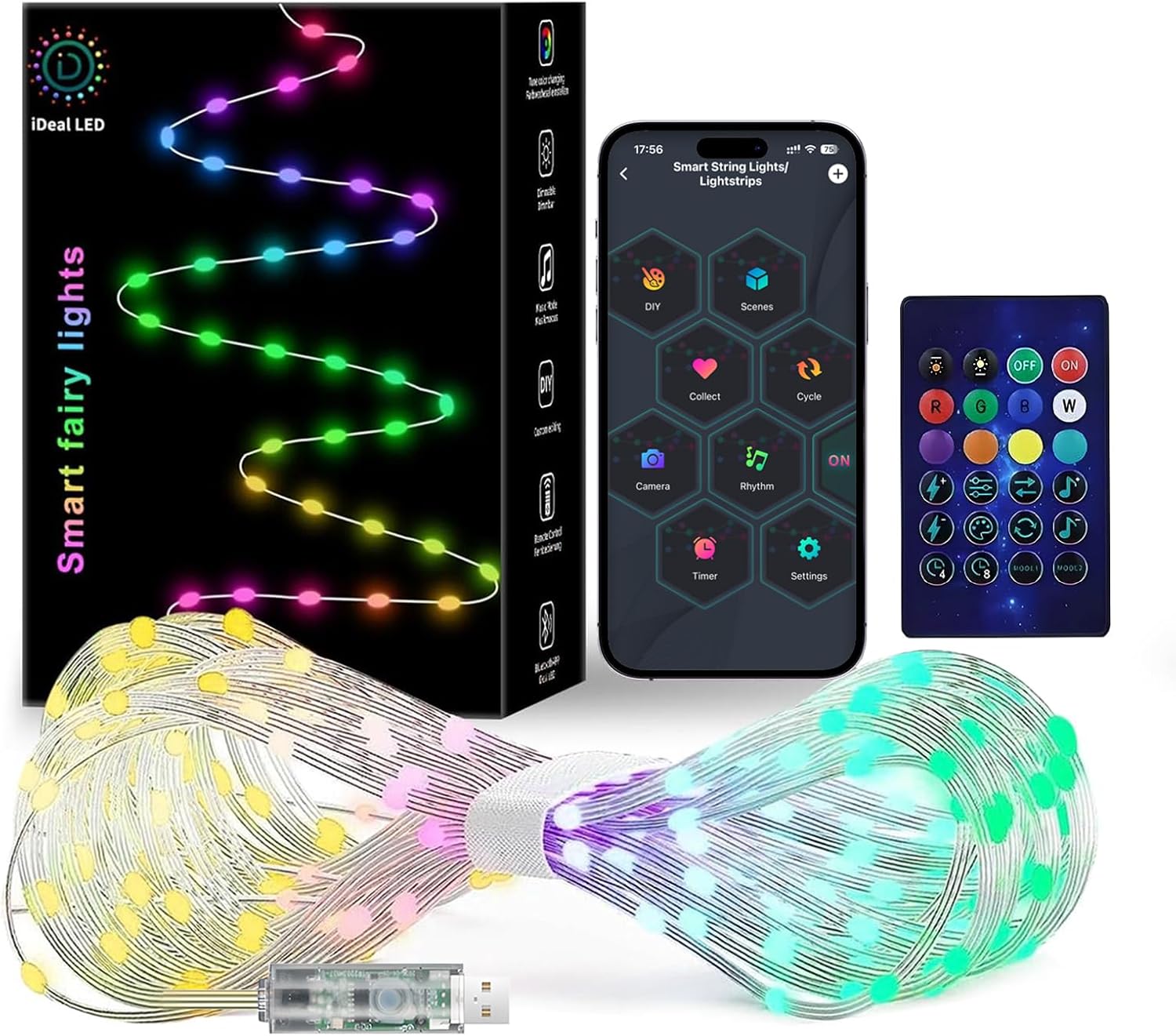 Smart Fairy String Lights, 33Ft Usb DIY Twinkle Lights w/Remote & App Controlled, music sync,12 Modes, Multicolor & Warm White for Bedroom, Christmas, Parties,Wedding,Centerpiece, Decoration