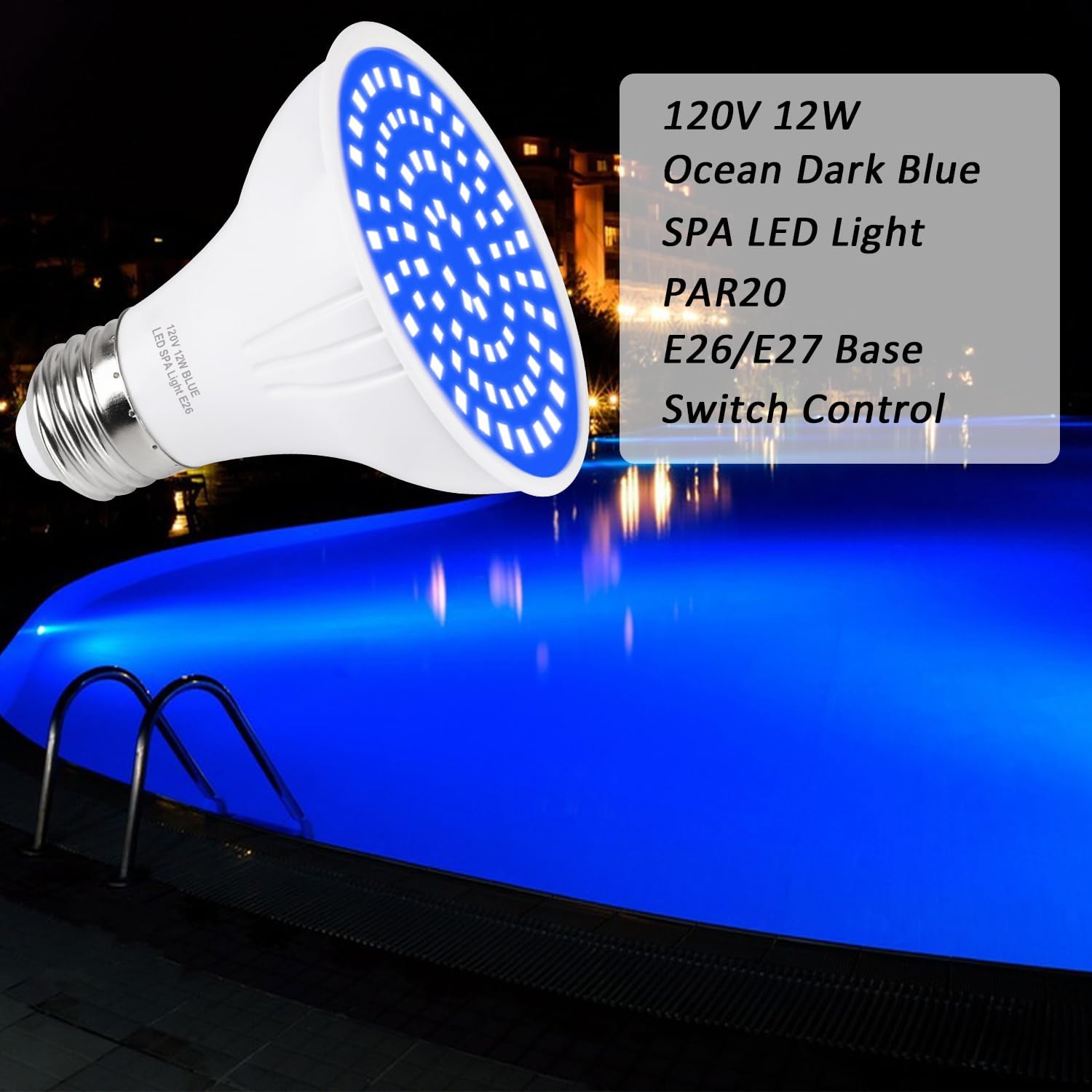120V 12W Blue SPA Light Ocean Dark Blue LED Bulb for Bathtub/SPA/Swimming Pool/Hot Spring/Fountain Super Bright Pool Lamp Replace 100W-300W Bulb Fits Pentair Hayward Light Fixtures E26 PAR20