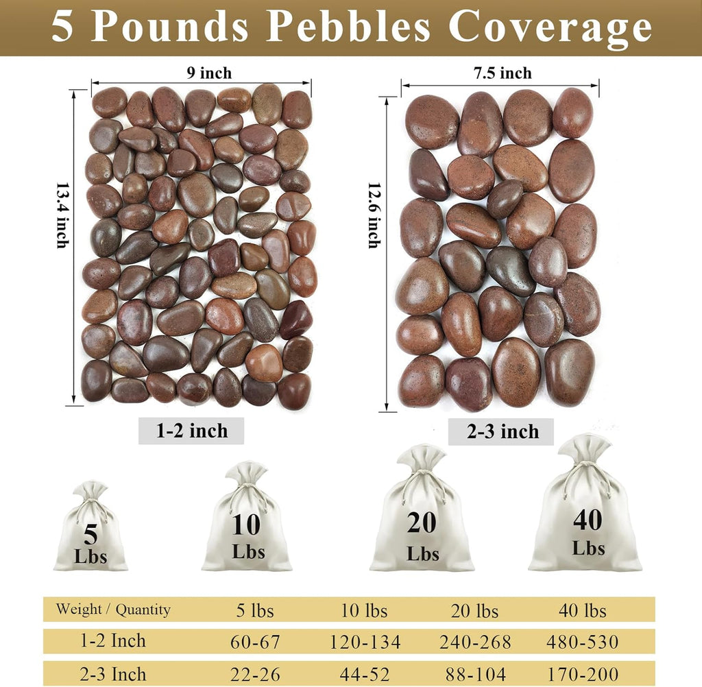 5 lbs Red River Rocks, 1-2 Inch Polished Pebbles for Indoor Plants, Decorative Rocks Stones for Landscaping, Vases, Aquariums, Fountains, Pathways, Backyard and Garden