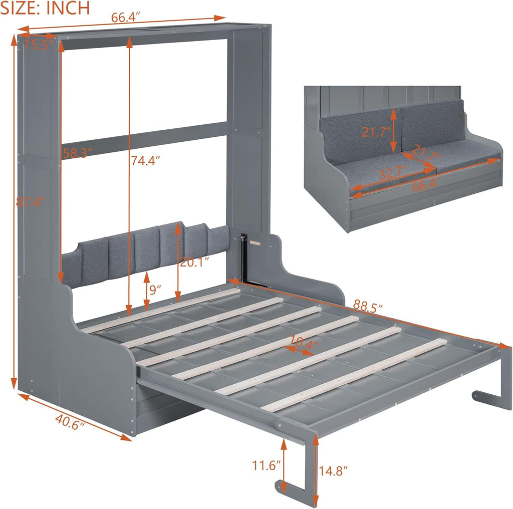 Merax Queen Size Murphy Bed Frame, Modern Wall Bed Can Be Folded into Cabinet, Chair with Cushion, Gray