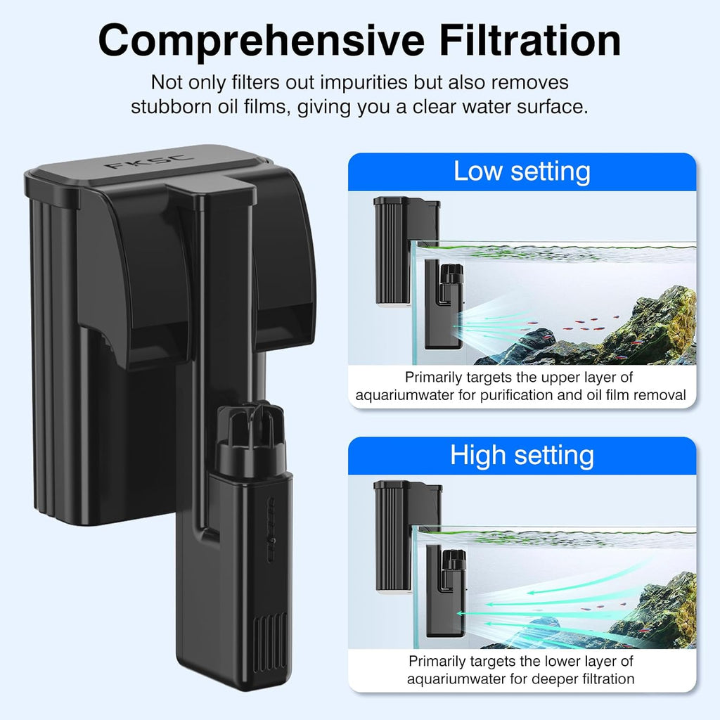 Hang On Back Aquarium Filter Up 20 Gallons Fish Tanks, 3-Stage Multi-Stage Filtration with Surface Skimmer, Ultra Quiet HOB Power Waterfall Filter for Freshwater