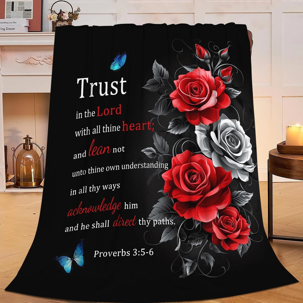 Christian Blanket Bible Verse Throw Blanket Red Rose Inspirational Religious Spiritual Gifts for Girls Boys Kids Adults Women Men Soft Cozy Plush Fluffy Fuzzy Fleece Blanket Decor 60''X80''