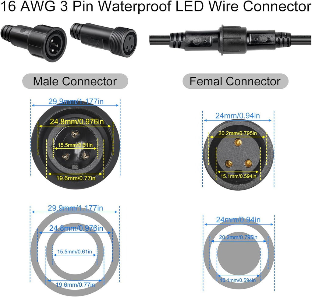 MAD OWL 3 Pin Waterproof LED Wire Connector, 16 AWG 118.1 inch/3M IP68 Male and Female Heads Extension Cable for Indoor and Outdoor LED Strip Light(1 Strip Black)