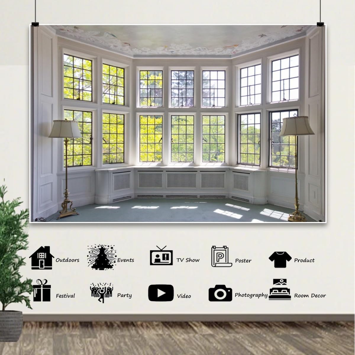 10x5ft Window Landscape Backdrop Summer White Panel Window Green Plant Sunlight Photography Background Anniversary Birthday Party Holiday Festival Portrait Studio Photo Props Polyester