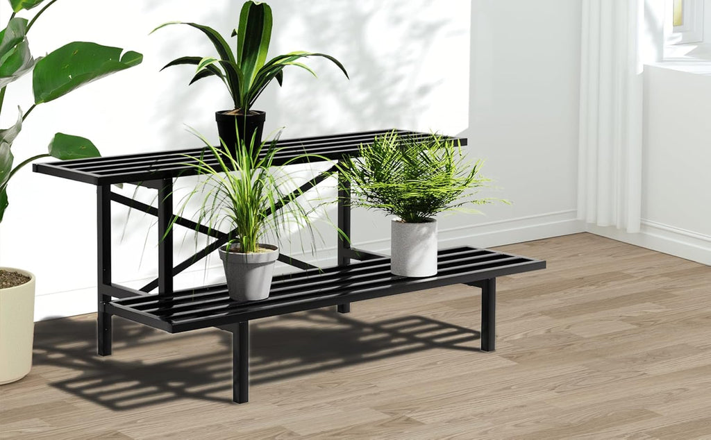 Zhongma 2 Tier Sturdy Metal Plant Stand Heavy Duty Plant Holder for Home Indoor and Outdoor, L35.43 x W17.5 x H14 inch, 440 LBS Capacity & Heavy Duty Construction.