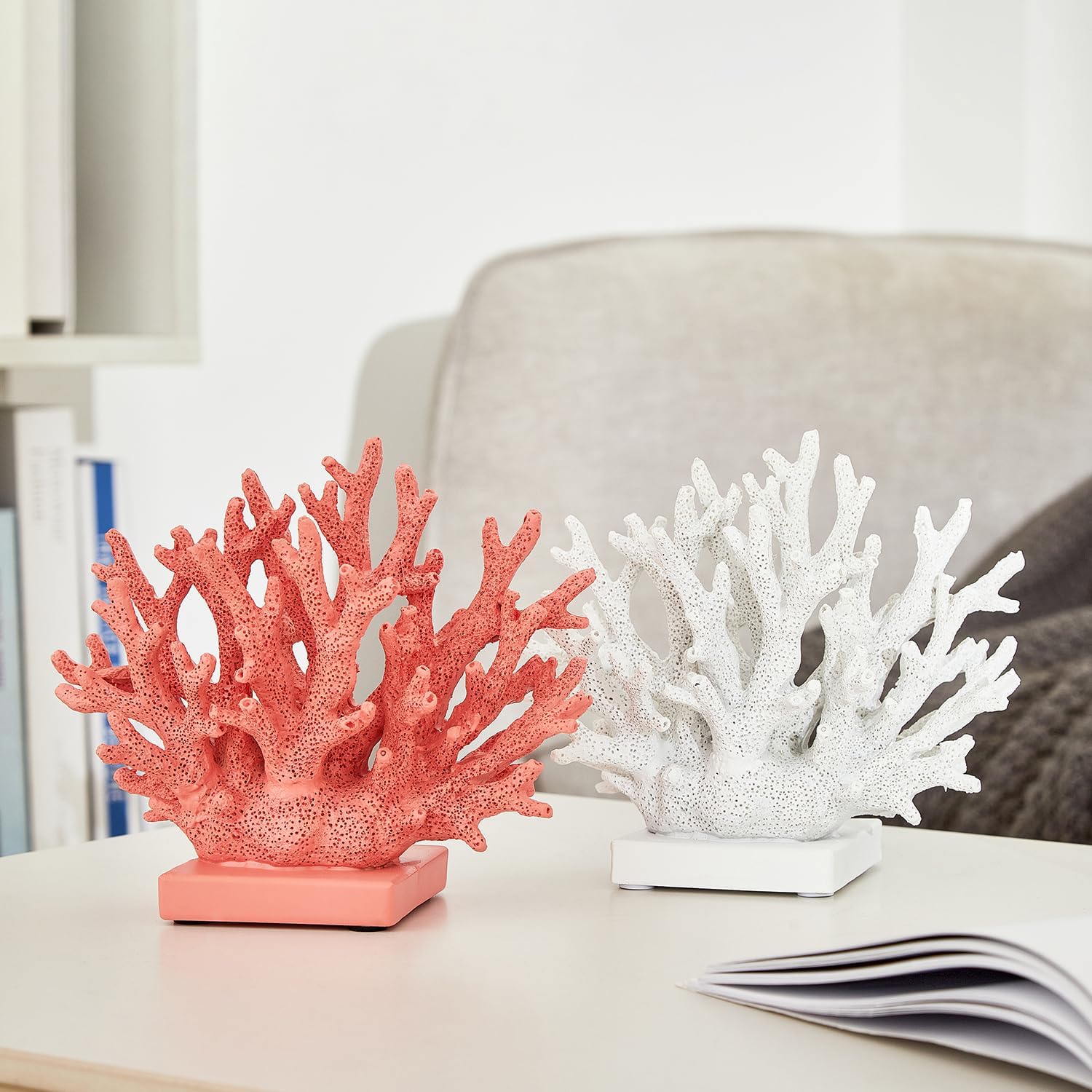 Artificial White Coral Décor, Nautical Coral Reef Decorations for Home, Marine Style Decoration, Ocean Themed Cabinet Shelf Tabletop Decor (White)