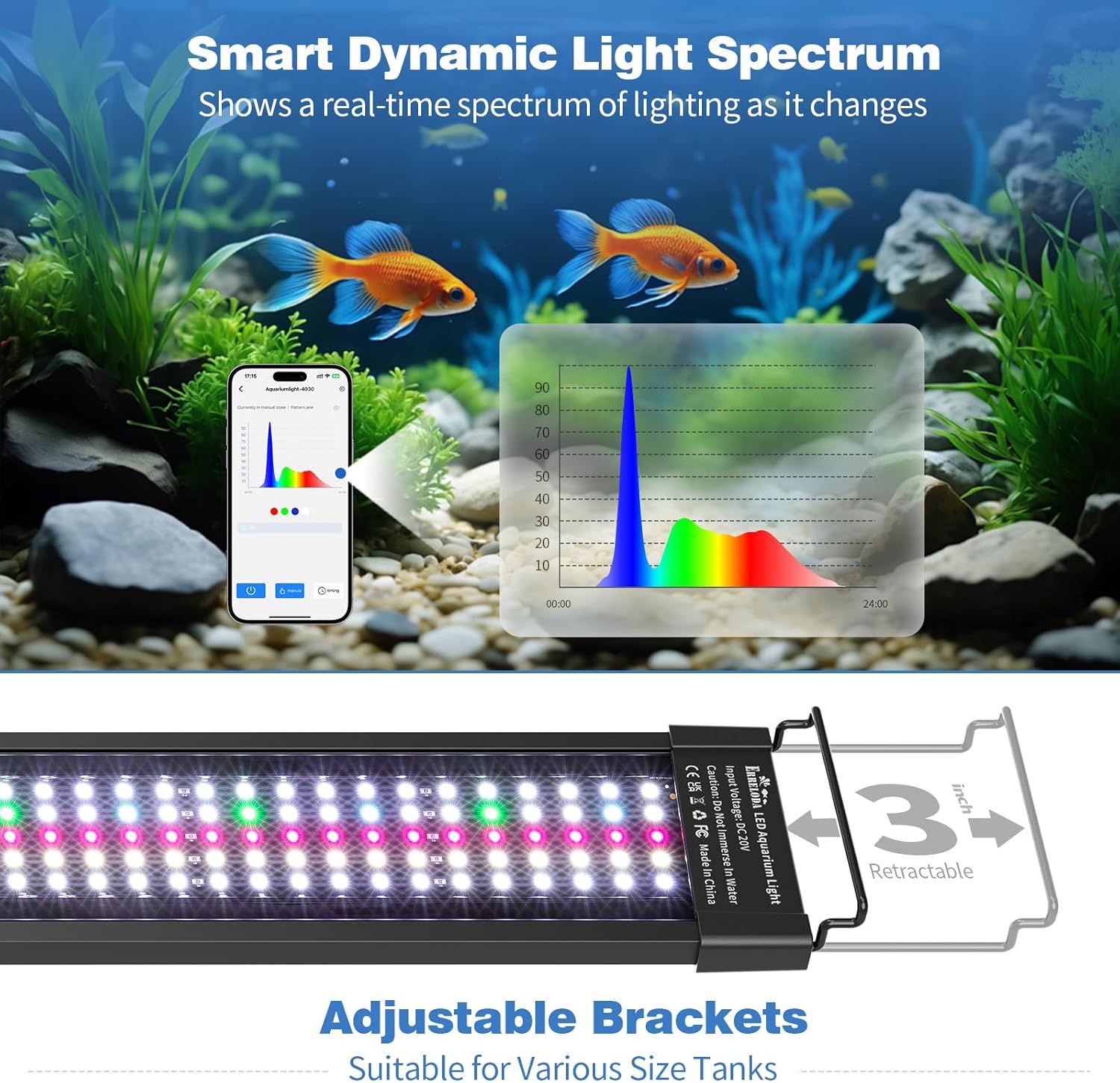 Bluetooth LED Aquarium Light with APP Control, 3 Modes for 30-36 Inch Fish Tank Light with Full Spectrum White Blue Red Green Lights, IP68 Waterproof with Extendable Brackets for Freshwater