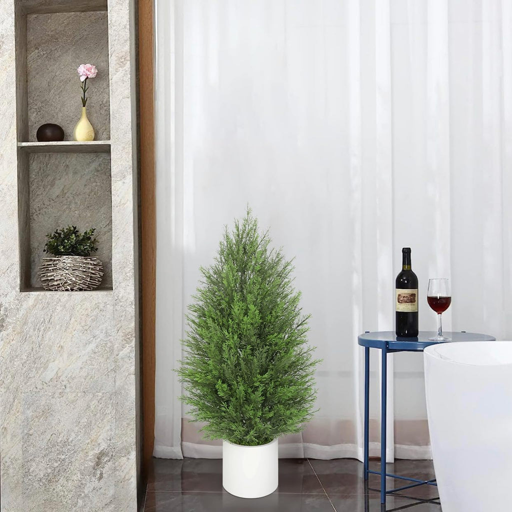 Briful 2PCS 3ft Artificial Cedar Topiary Trees in White Planter – Compact Faux Evergreen Potted Plants with Dense Realistic Layered Leaves, Lifelike Fake Cypress Trees for Home, Office, Patio, Porch