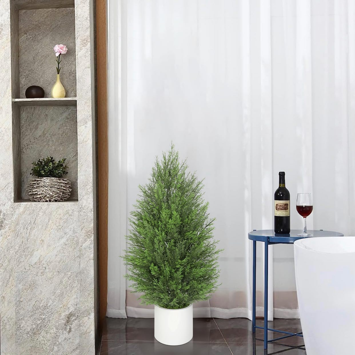 Briful 2PCS 3ft Artificial Cedar Topiary Trees in White Planter – Compact Faux Evergreen Potted Plants with Dense Realistic Layered Leaves, Lifelike Fake Cypress Trees for Home, Office, Patio, Porch