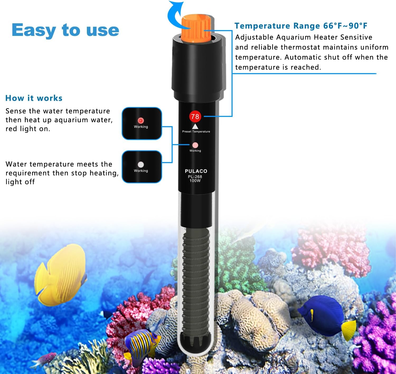 PULACO 100Watt Aquarium Heater for 10-20gallon Fish Tank, Adjustable Submersible Heater Thermostat with Thermometer Strip and Suction Cup