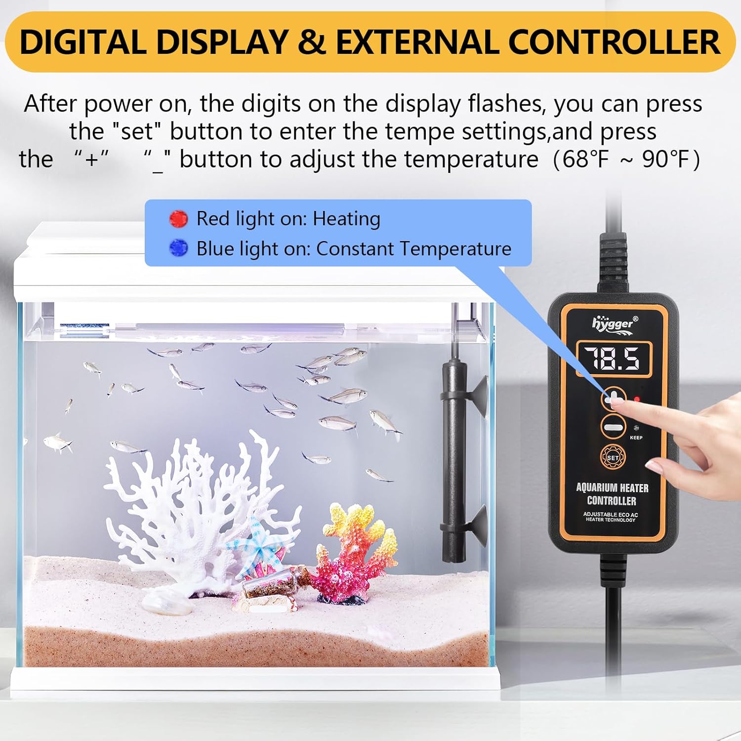 hygger Mini Submersible Aquarium Heater, Turtle and Betta Fish Tank Heater with Digital Display External Controller Freshwater