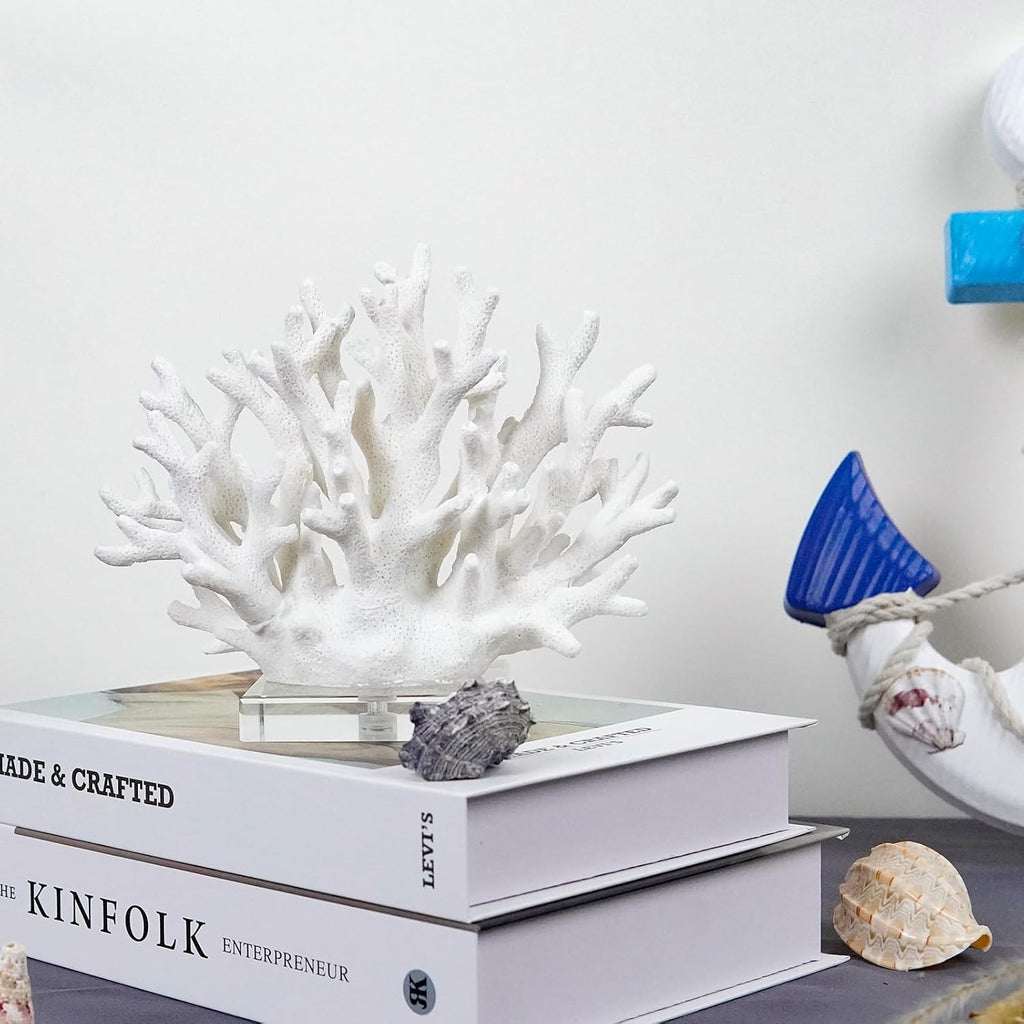 Coral Reef Ocean Decor, 6.3'' High x 7.5'' Width Artificial Resin Coral Reef Statue for Ocean Coastal Beach Nautical Themed Room Bathroom Decor for Home, RB1001W, White