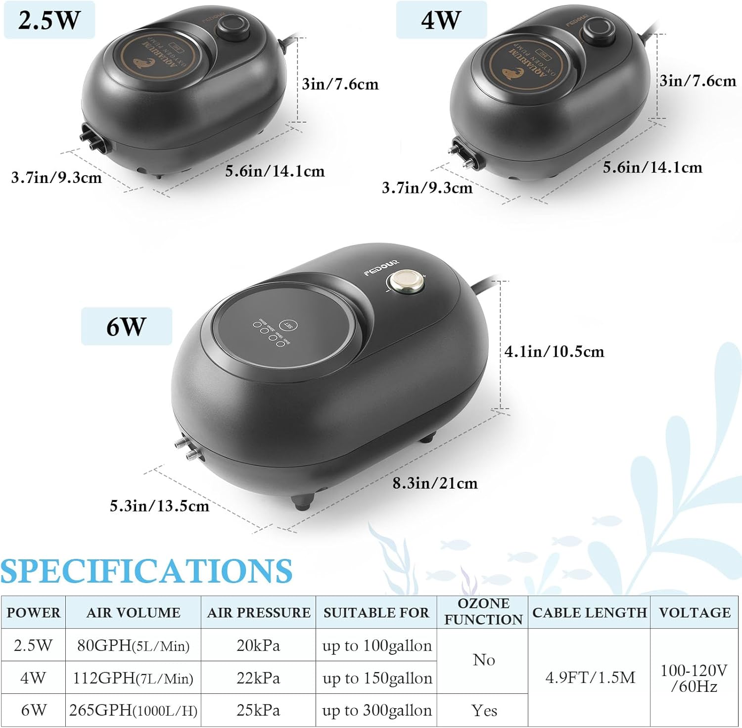 FEDOUR 2.5W 4W 6W Aquarium Air Pump, Powerful Adjustable Fish Tank Oxygen Pump for up to 300Gallon Fish and Turtle Tank, Quiet Aquarium Air Bubbler (4W for up to 150gallon)