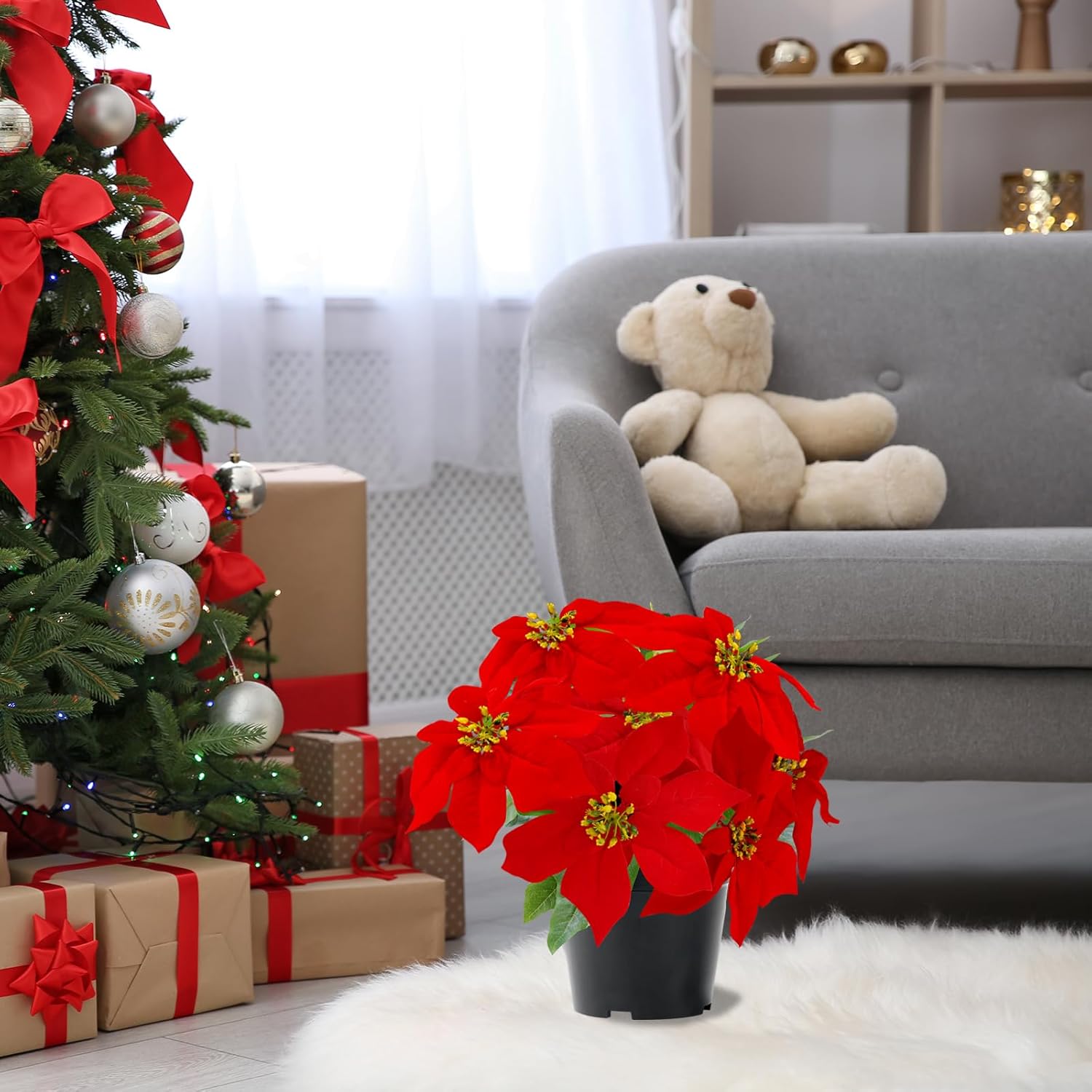 Poinsettia Flowers Artificial Red 14Inch Faux Christmas Poinsettia Plant Winter Flowers for Indoor Outdoor Xmas Ornament Porch Home Garden Decorations