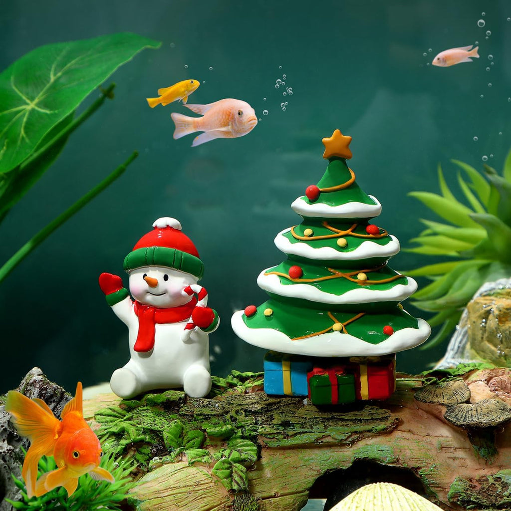 POPETPOP 2Pcs Christmas Aquarium Decorations- Resin Fish Tank Christmas Tree Snowman Decoration Micro Landscape Ornaments for Holiday Fish Tank Supplies Table Decor