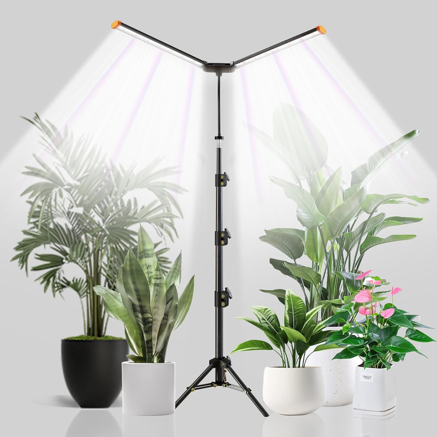 YEOLEH Floor Lamp Grow Light for Large Tall Plants Indoor, 6000K White Full Spectrum Plant Growing Light with Red Blue LED, Foldable Light Strip, Dimmable & Timer Function, Height 17-62‘’
