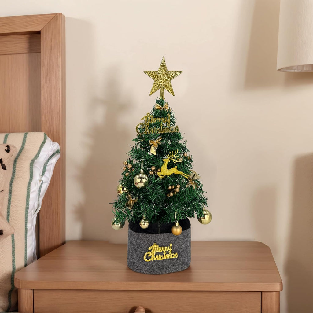 Tree Company Pre-lit Artificial Mini Christmas Tree - Gold Star Small White LED Lights, White Tipped Cones, Glitter Branches Pine Cones and Cloth Bag Base - Glittery Bristle Pine - 24 inch