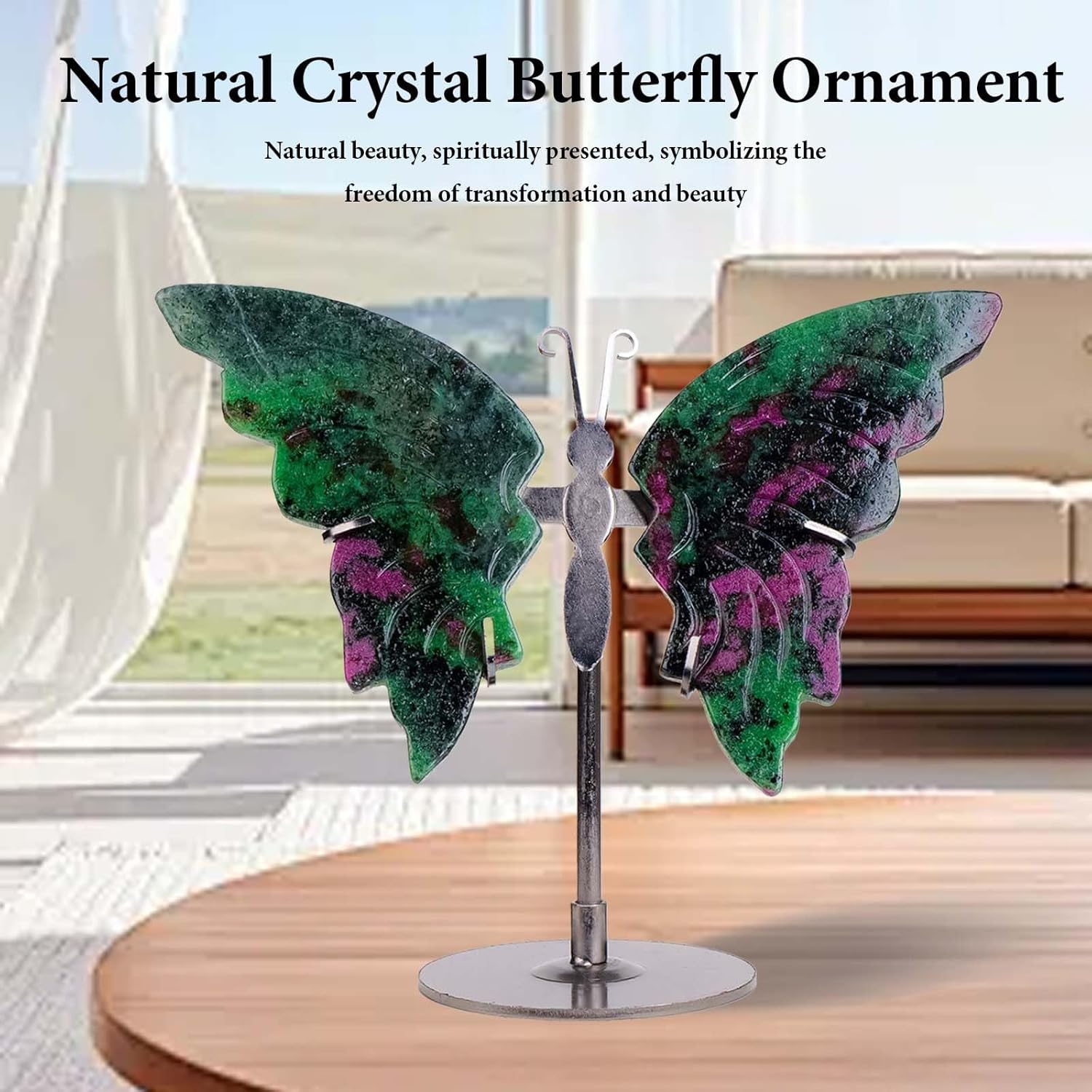 Crystal Butterfly Ornament, Amethyst Agate Wings, Home Office Tabletop Decor (Ruby-in-Zoisite)