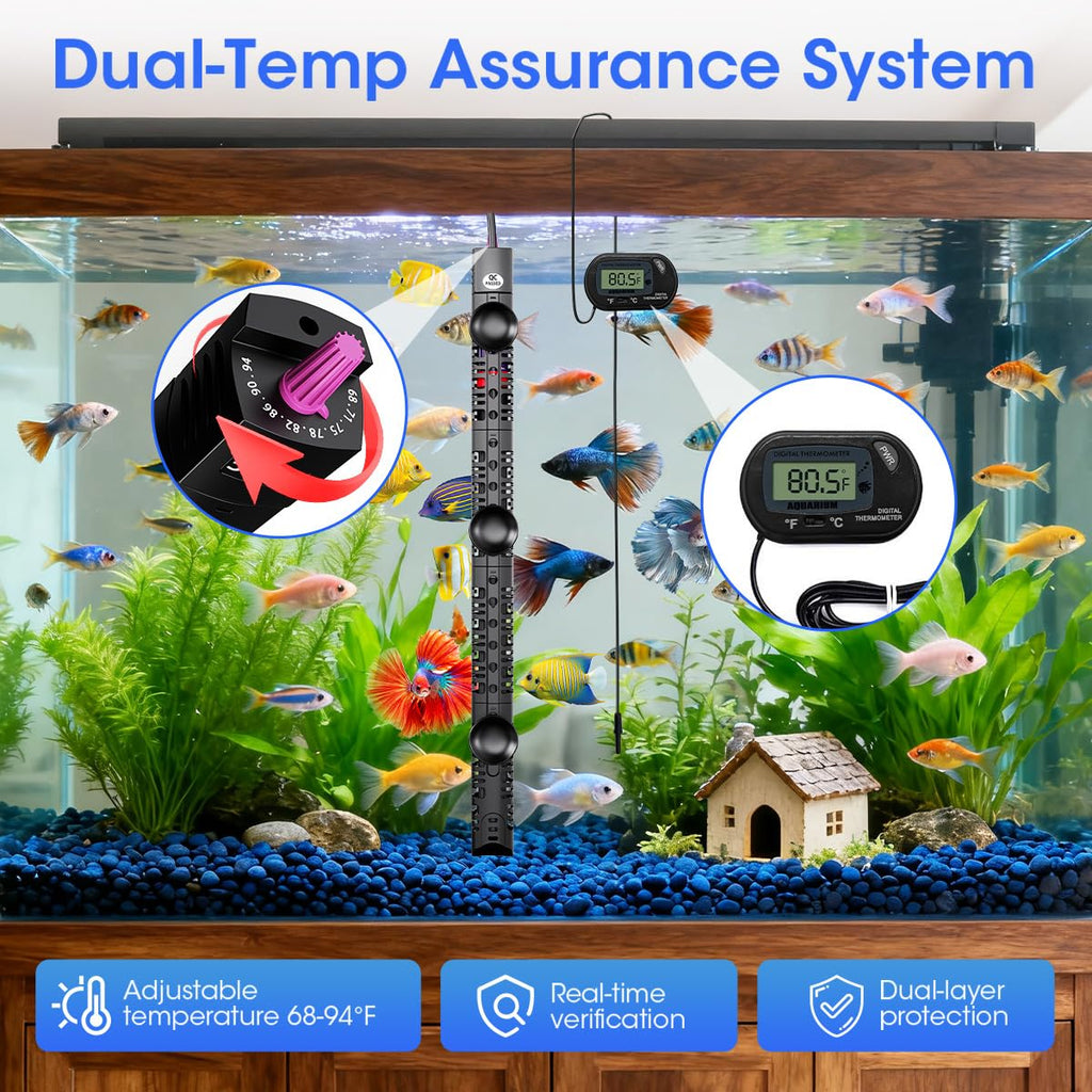 MQ Submersible Aquarium Heater Auto Thermostat, 300W Fish Tank Heater with LCD Digital Aquarium Thermometer, Shatter-Proof and Blast-Proof