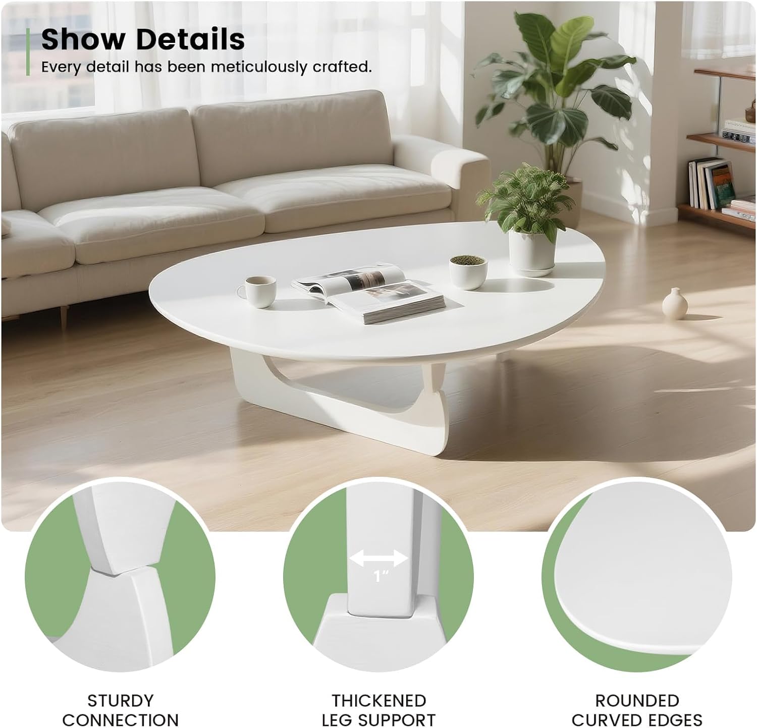Solid Wooden Modern Triangle Coffee Table: Unique Funky Coffee Tables for Living Room, Oval Mid-Century Irregular Abstract Tea Tables for Patio Office Balcony Bedroom (White, 33" L x 24" W x 16" H)