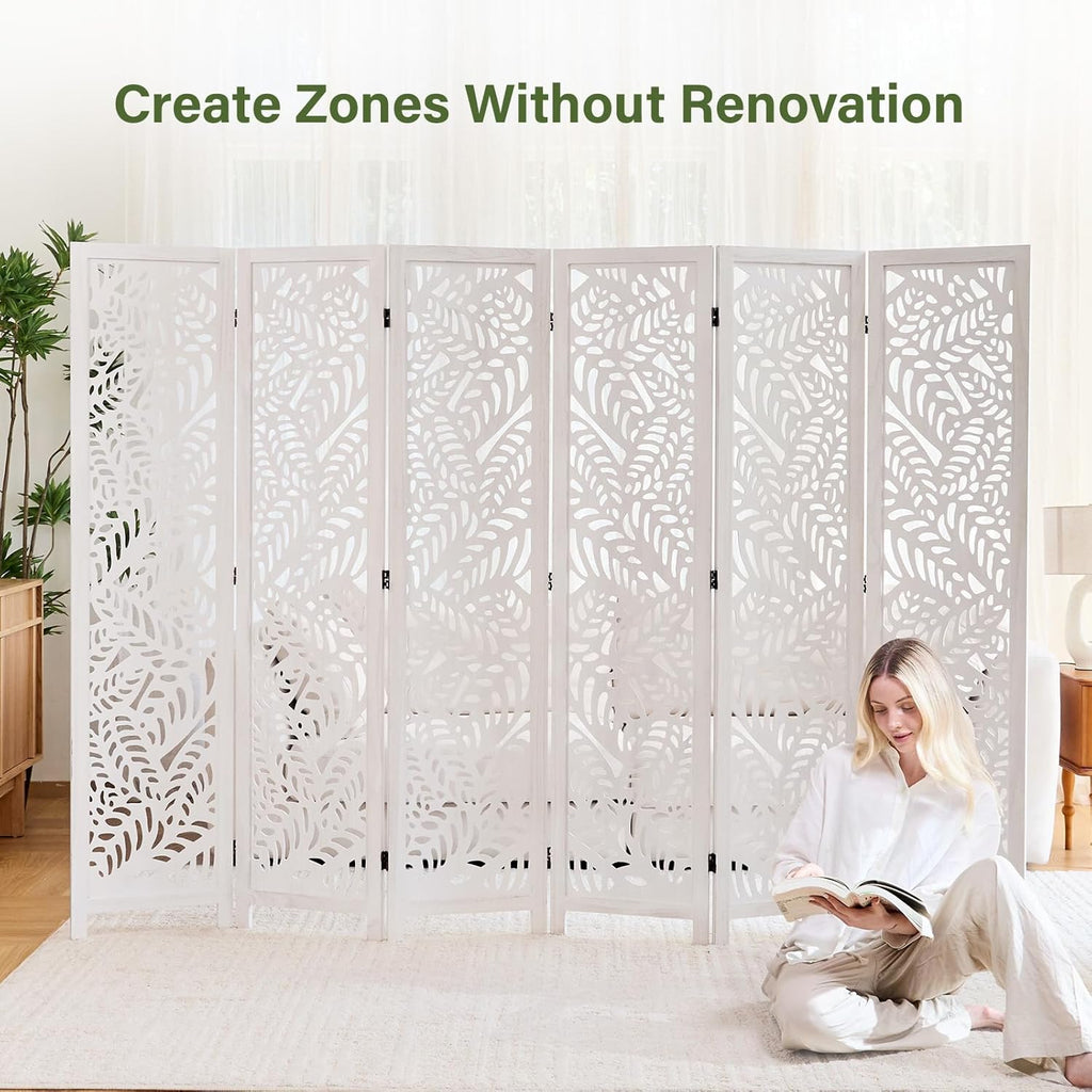 Leaf-Carved Room Divider Privacy Screen - 67 Inch Tall Foading Decorative Wood Screen Dividers Panel for Home - Natural Wood Room Partitions for Enhanced Privacy and Style White 6 Panel
