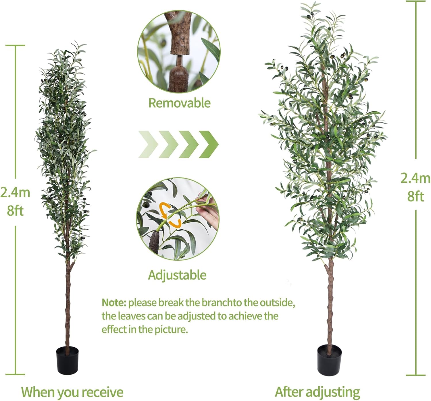 Artificial Olive Tree, 8FT Tall Faux Olive Trees 96in Outdoor Fake Potted Silk Plant with Trunk and Realistic 1574 Leaves and 48 Fruits for Modern Office Home Decor Indoor（1pack）