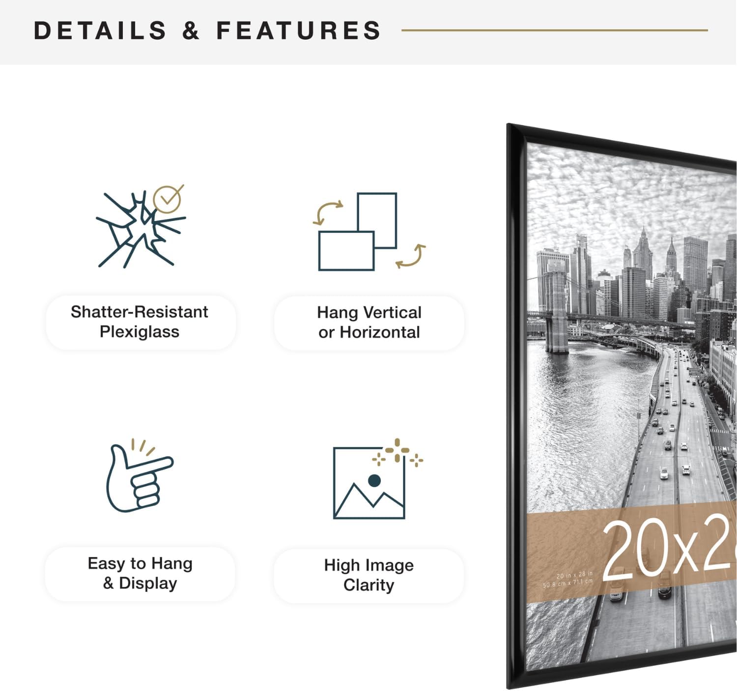 MCS Trendsetter 20x28 Poster Frame Black High-Gloss, Vertical & Horizontal Wall Hanging Large Picture Frame for Photos, Posters & Art Prints (1-Pack)