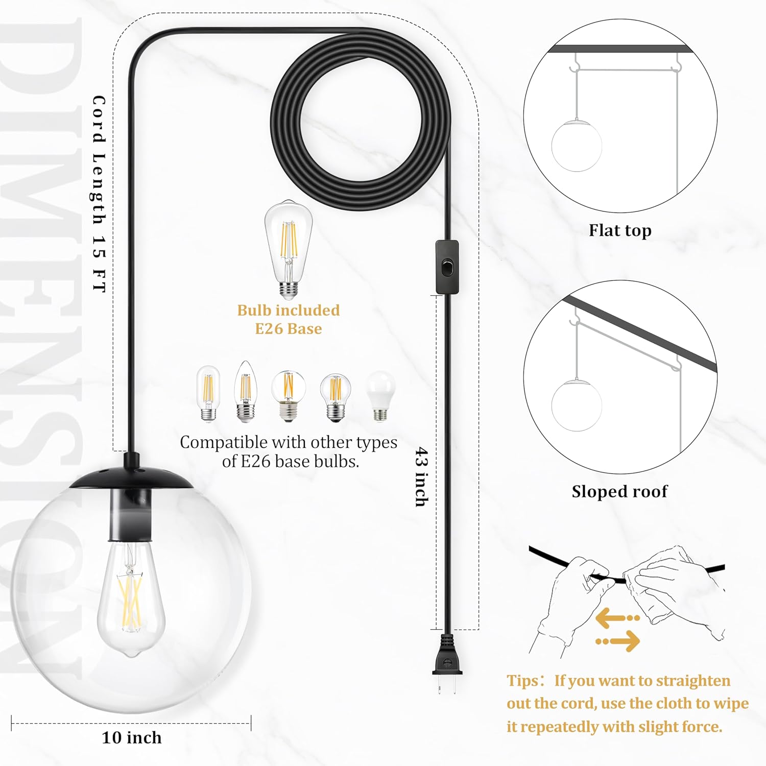 KoKo&Yukina 10" Globe Pendant Light Black Plug in Pendant Light Adjustable Hanging Lights with Plug in Cord Matte Black Finished with Clear Glass Lampshade for Bedroom Kitchen Island（Bulb Included）