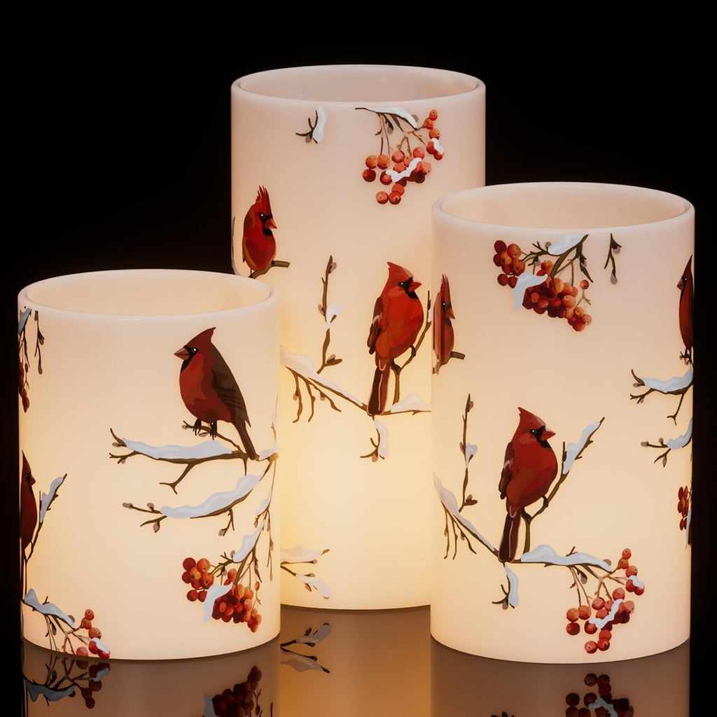 GenSwin Red Bird Flameless Candles with Timer, LED Candles with 3D Wick, Real Wax Pillar Candles for Halloween Christmas Indoor Decorations(D3” x H4”5”6”)