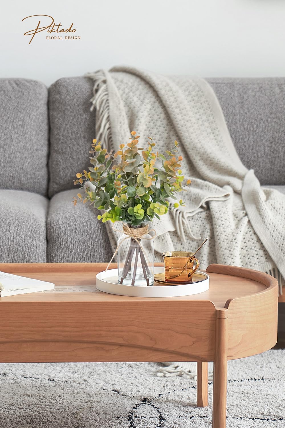 Artificial Eucalyptus Stems in Vase with Faux Water,Fake Plants for Bathroom,Coffee Table,Green Leaves for Centerpiece,Faux Greenery Plants Decorations.(Eucalyptus-Greyish Orange)