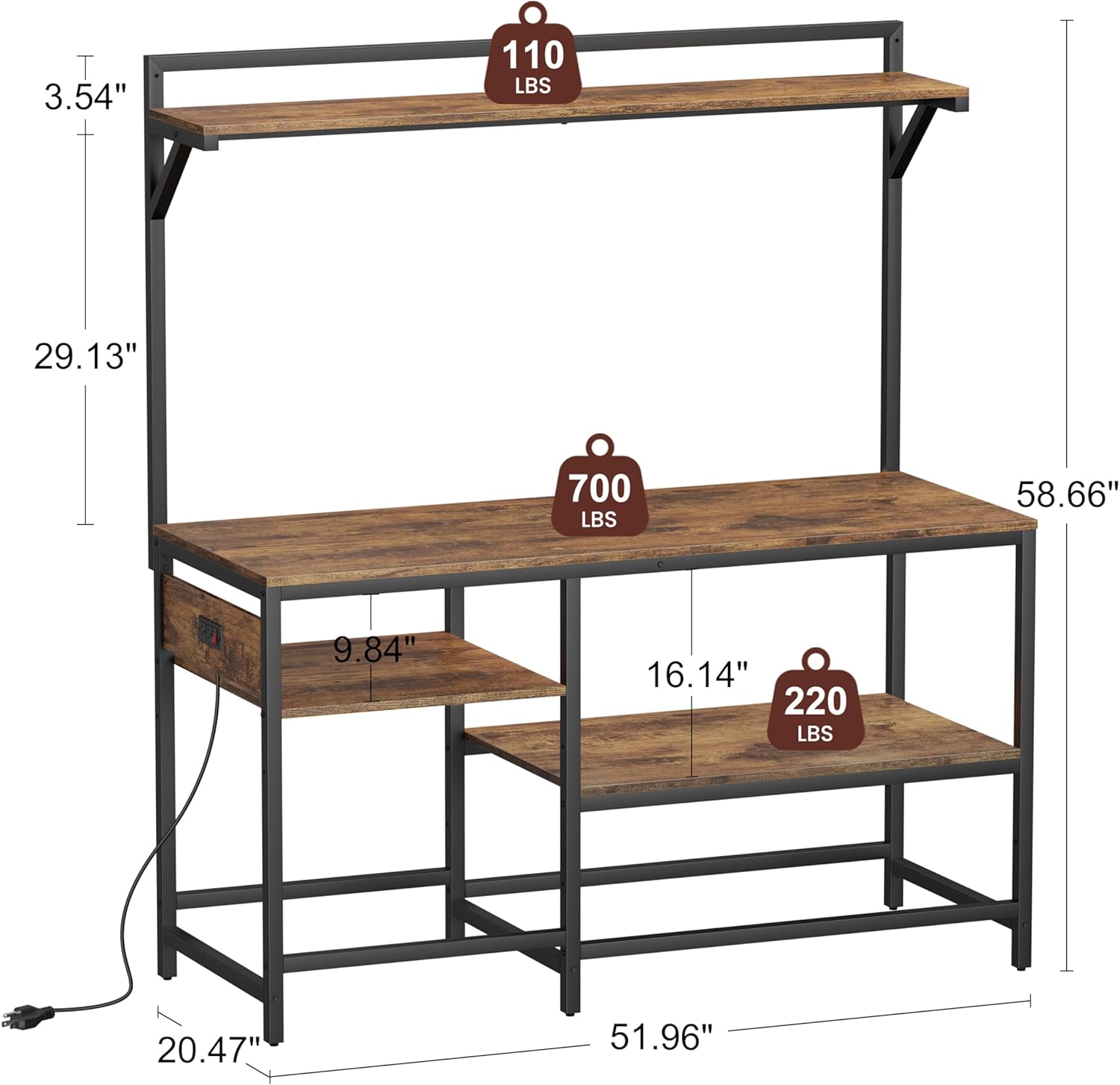 55 Gallon Fish Tank Stand, Aquarium Stand with Power Outlet, Heavy-Duty Reptile Terrarium Stand with 6-Leg Support and 4-Tier Adjustable Storage Shelves