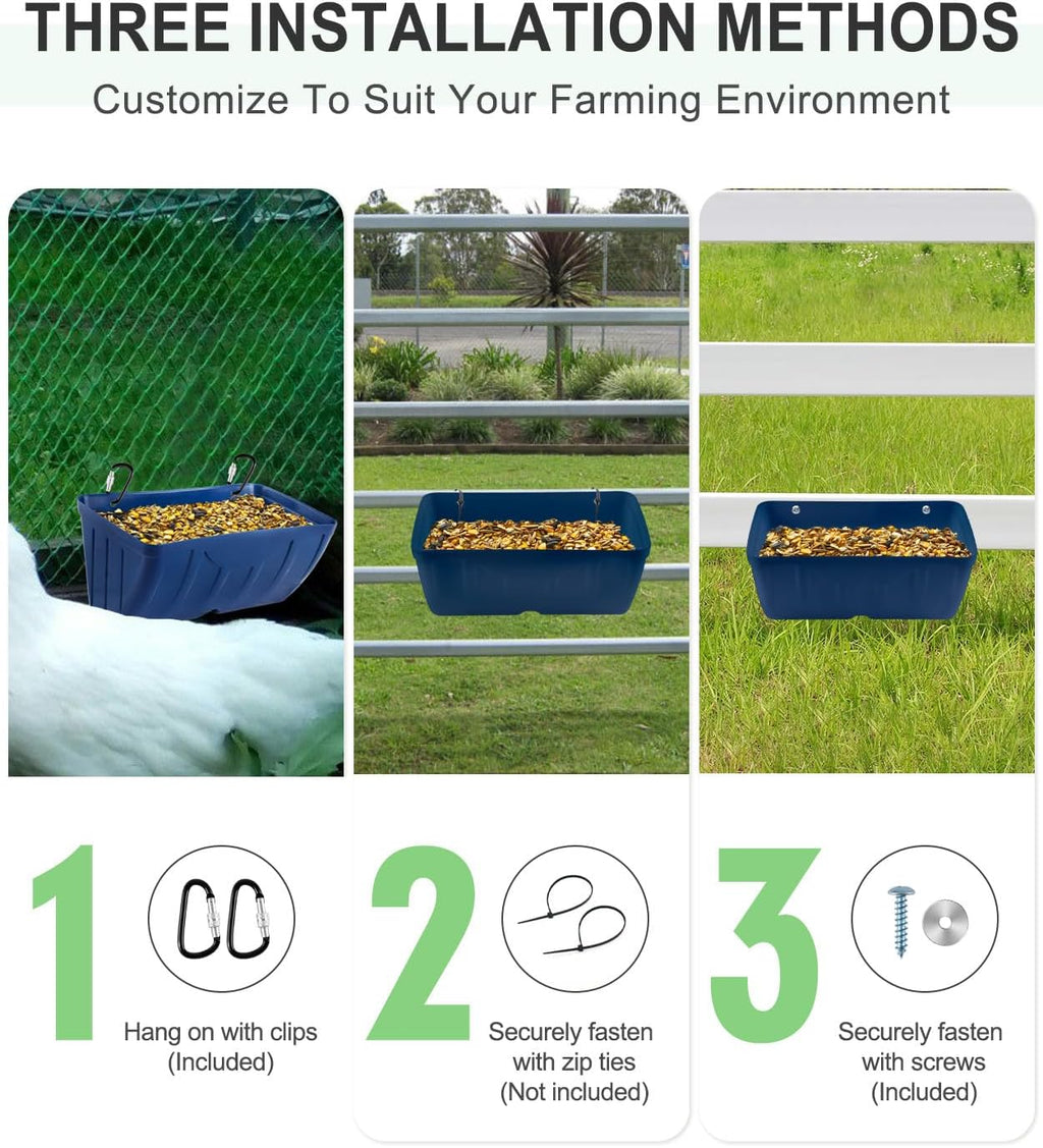 Chicken Feeders, 3 Pack, Duck Feeders and Waterers, Hanging Poultry Water Feeder, Livestock Fence Feeder, Feed Trough and Waterer Bucket with Clips, Blue