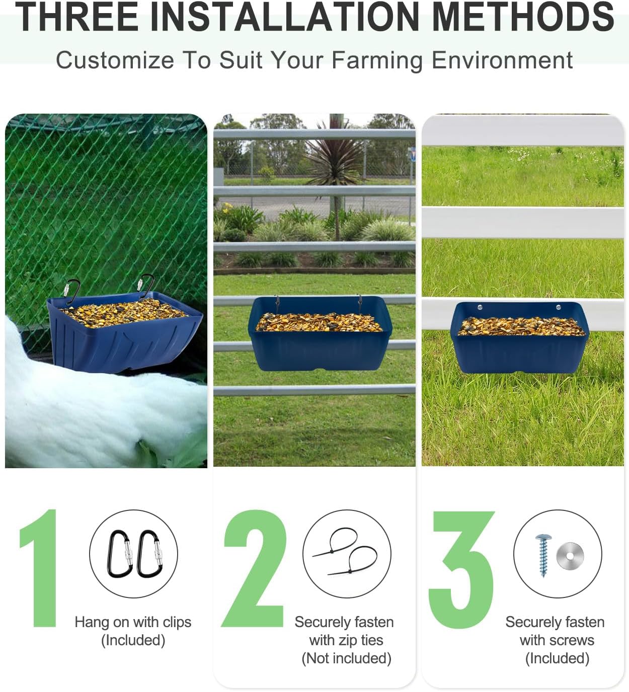 Chicken Feeders, 2 Pack, Duck Feeders and Waterers, Hanging Poultry Water Feeder, Livestock Fence Feeder, Feed Trough and Waterer Bucket with Clips, Blue