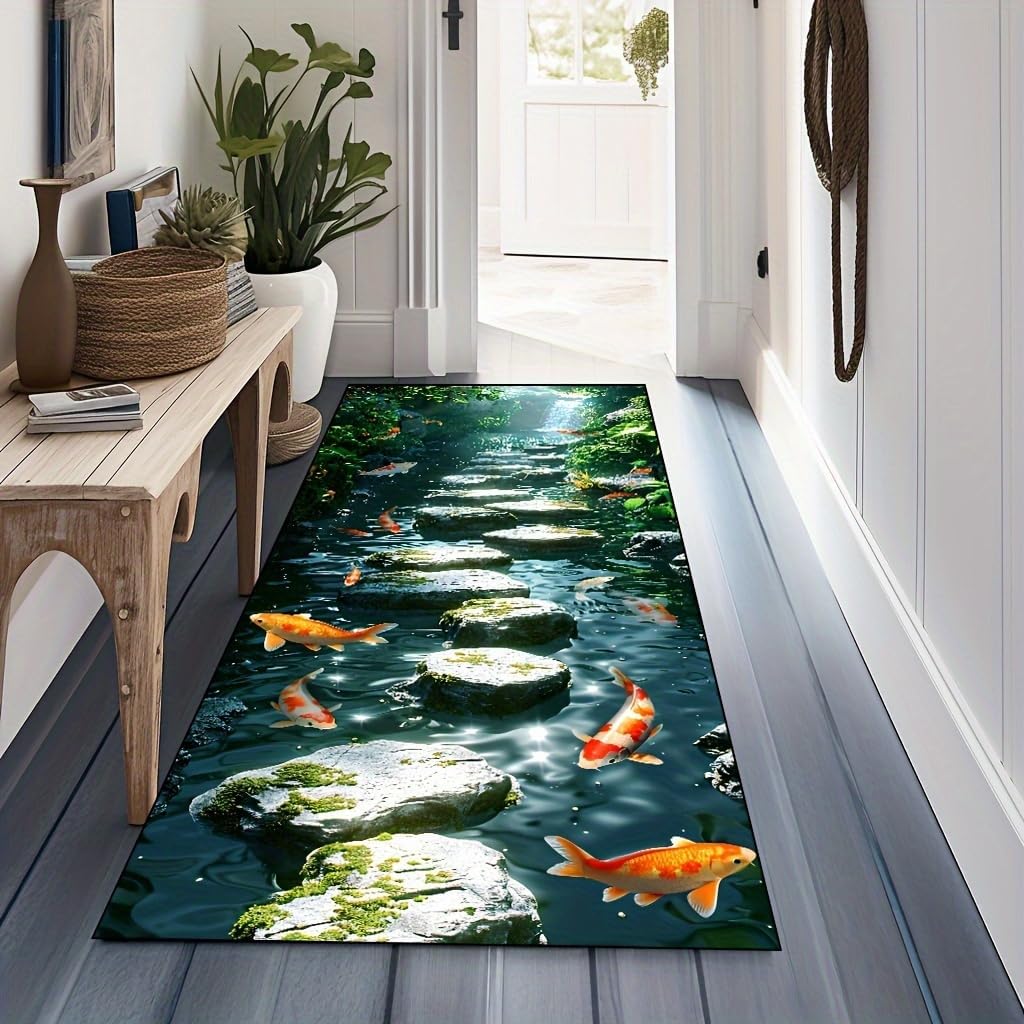 3D River Scenery Long Hallway Runner, 2x10ft, Creek Koi Entrance Rug, Breathable Foldable No Crease Durable, Low Pile Non-Shedding Anti-Slip Area Rug for Porch Indoor Sofa