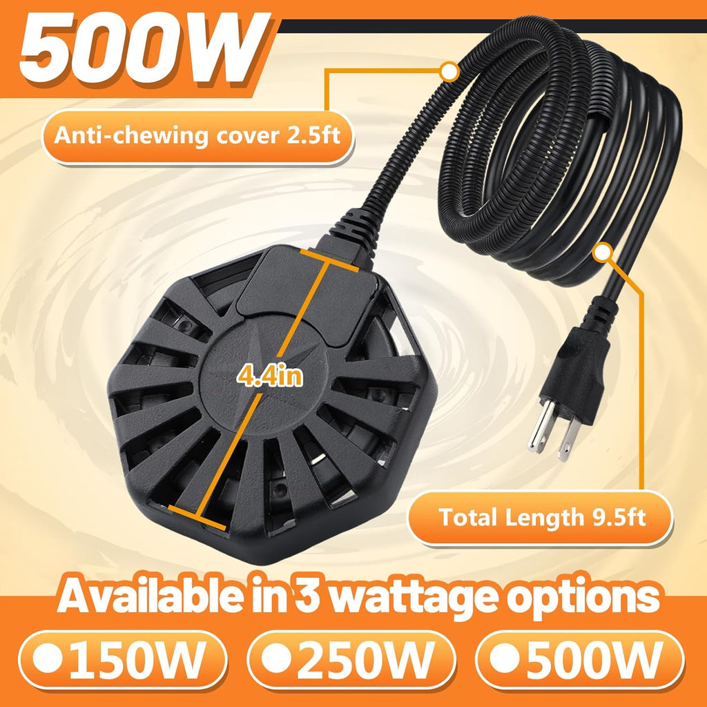 Horse Water Heater - 500W De-icer for 50 Gallon Cows Sheep Livestock Water Trough Tank Bird Bath, Chicken Water Heater Winter Outdoor Thermostatic Control Aluminum Painted PTFE Submersible Heater