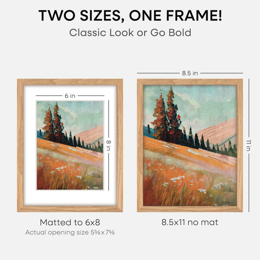 Homeforia 8.5 by 11 Picture Frame Wood, High End Natural Oak 8.5x11 Light Wooden Frames with Mat 6x8 inch Photo, 8.5 x 11 Wall or Tabletop Frame Matted to 6 x 8 Art, Tempered Glass, Wall Kit, Set of 1