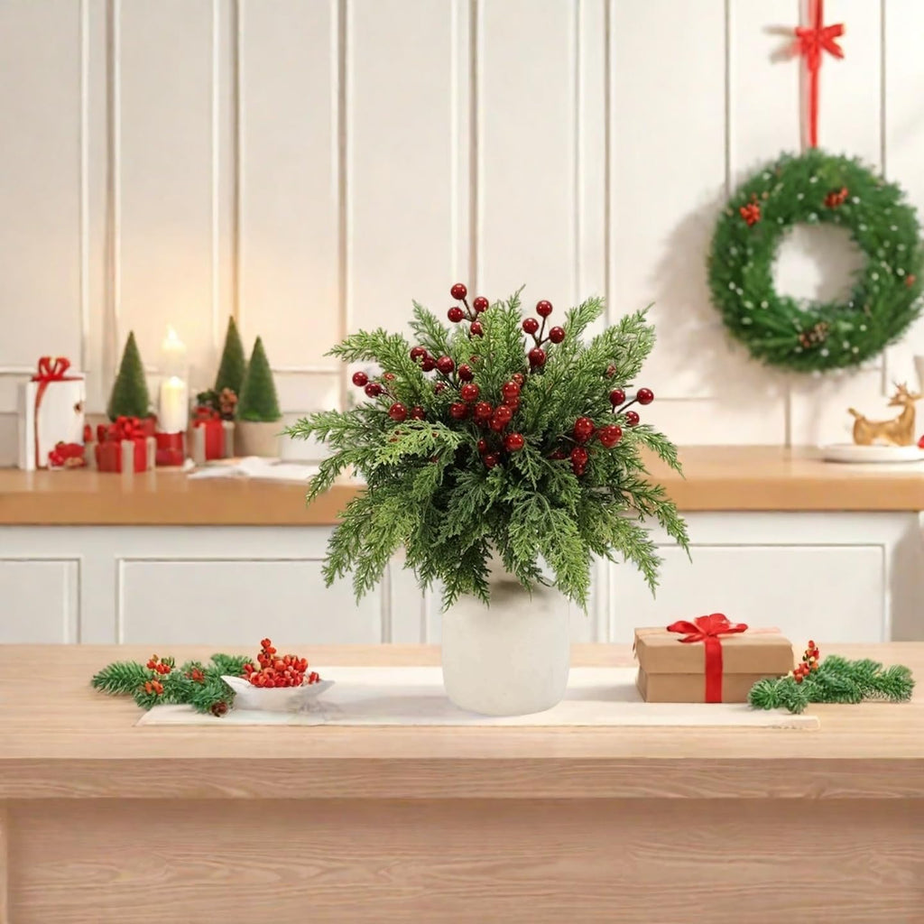 50 PCS Christmas Artificial Pine Picks with Red Berry Stems, 13" Faux Evergreen Norfolk Pine Cypress Branches, Fake Cedar Pine Needles Branches for DIY Craft Vase Garland Decoration