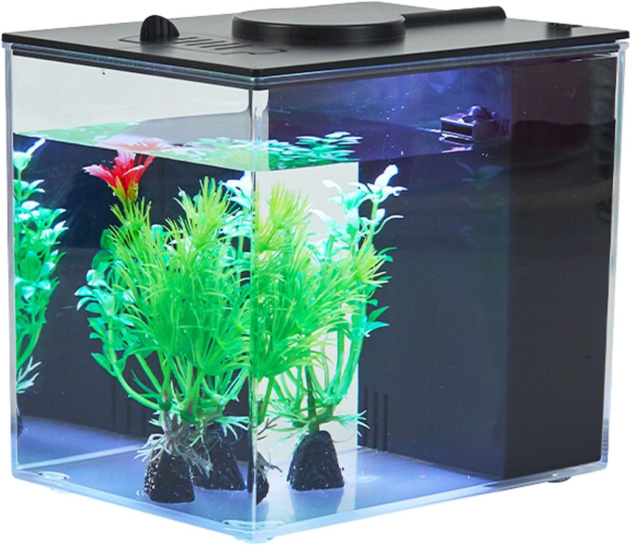 Mini Fish Tank Betta Aquarium Starter Kits Multifunctional Desktop with Switch Button LED Aquarium Kit White, 1 Gallon（Black）