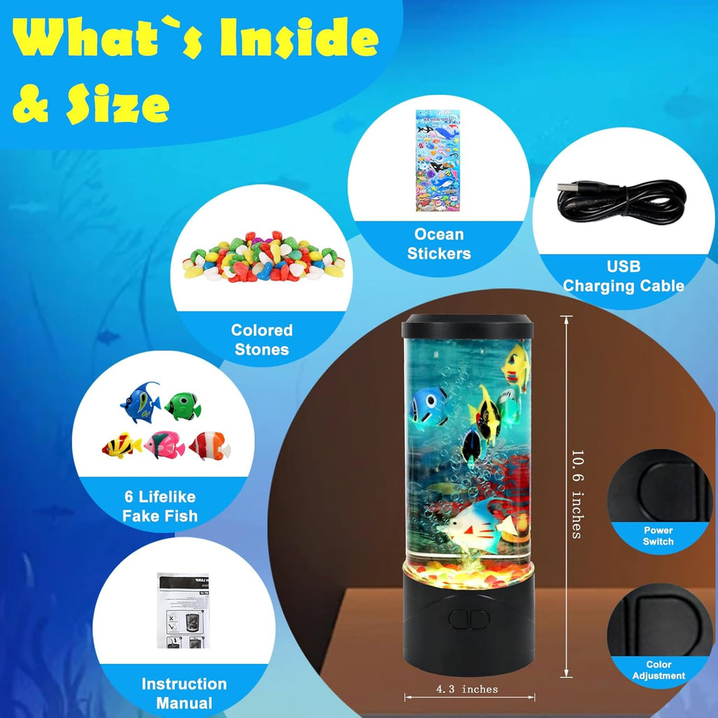 Toycol Bubble Fish Lamp,Artificial Aquarium Lamp with 7-Color Changing,Sensory Bubble Tube Light with 6 Fake Fish Moving,Mood Night Light,Great Gift for Kids & Adults,Decor for Home Office Bedroom