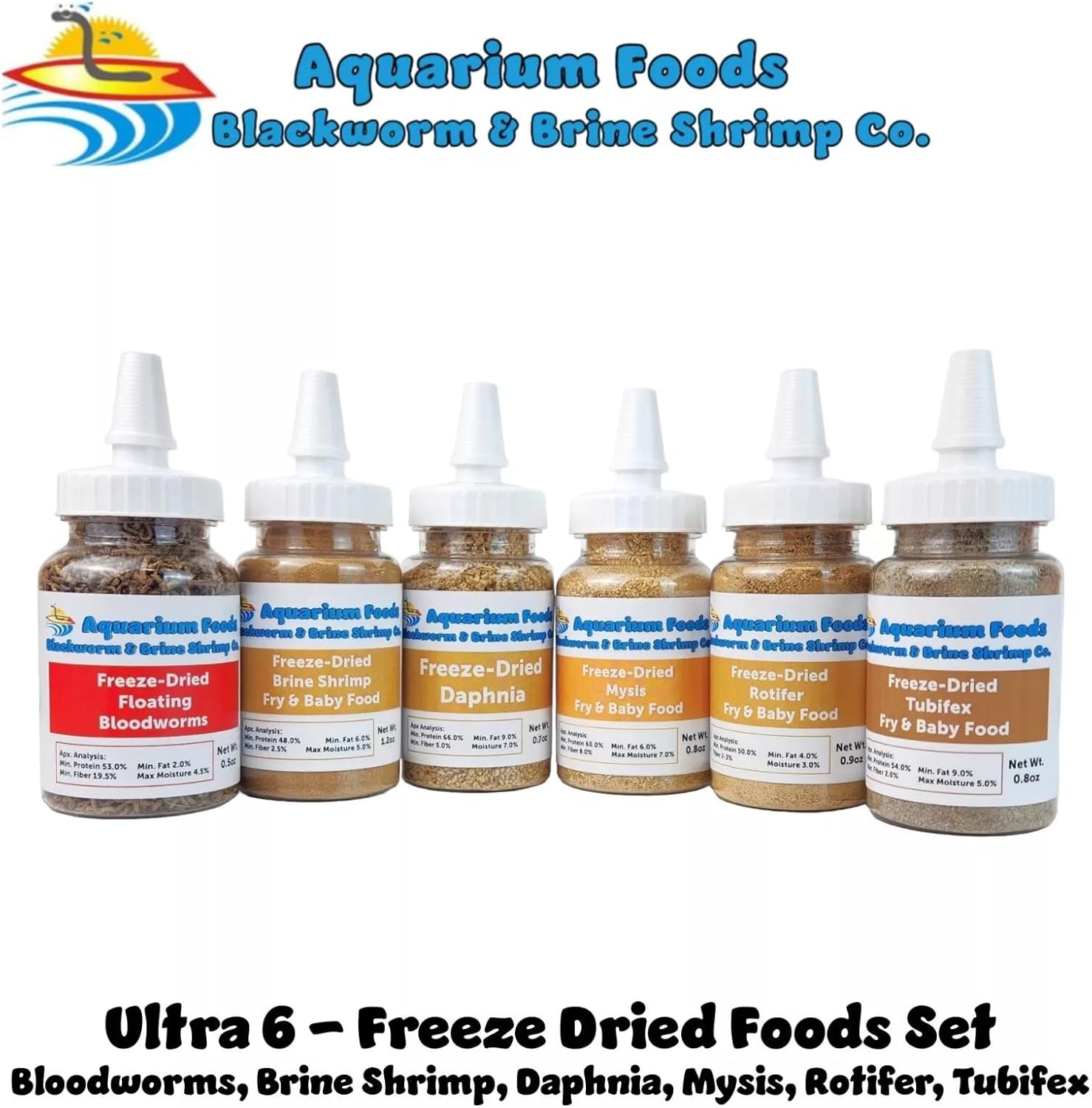 Aquatic Foods Inc. 6-Pack of Bloodworms, Brine Shrimp, Daphnia, Mysis Shrimp, Rotifers, Tubifex Powder & Bits for Freshwater Fish, Marines, Corals, Anemones, Baby Pond Fish…6 x SM Squeeze Bottles