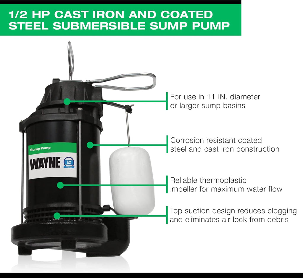 WAYNE CDU800 1/2 HP Submersible Cast Iron and Steel Sump Pump With Integrated Vertical Float Switch