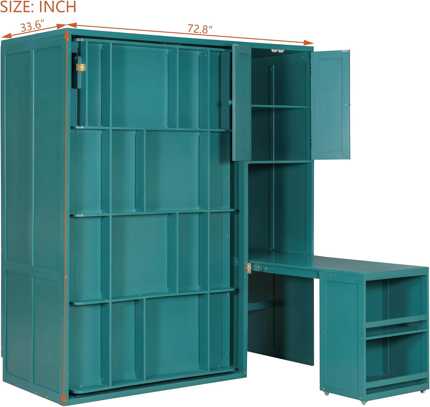 MERITLINE Twin Murphy Bed with Storage Bookcase Bookshelf, Extendable Desk and Cabinet, Wood Rotatable Hidden Murphy Bed with Desk and Shelves,for Adults (Teal)