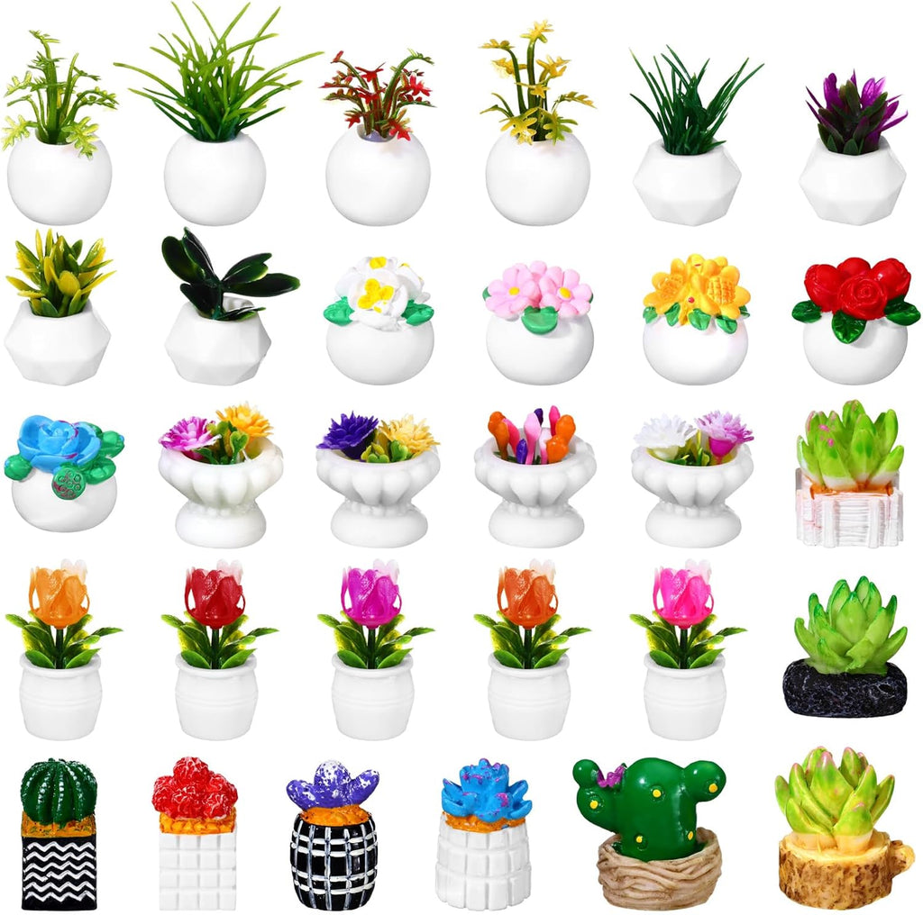 30 Pcs Miniature Dollhouse Plants Accessories Mini Artificial Potted Flower Tiny Resin Greenery Cactus Figurines for Doll House Gift DIY Garden Bonsai Micro Landscape Decoration(Plants)