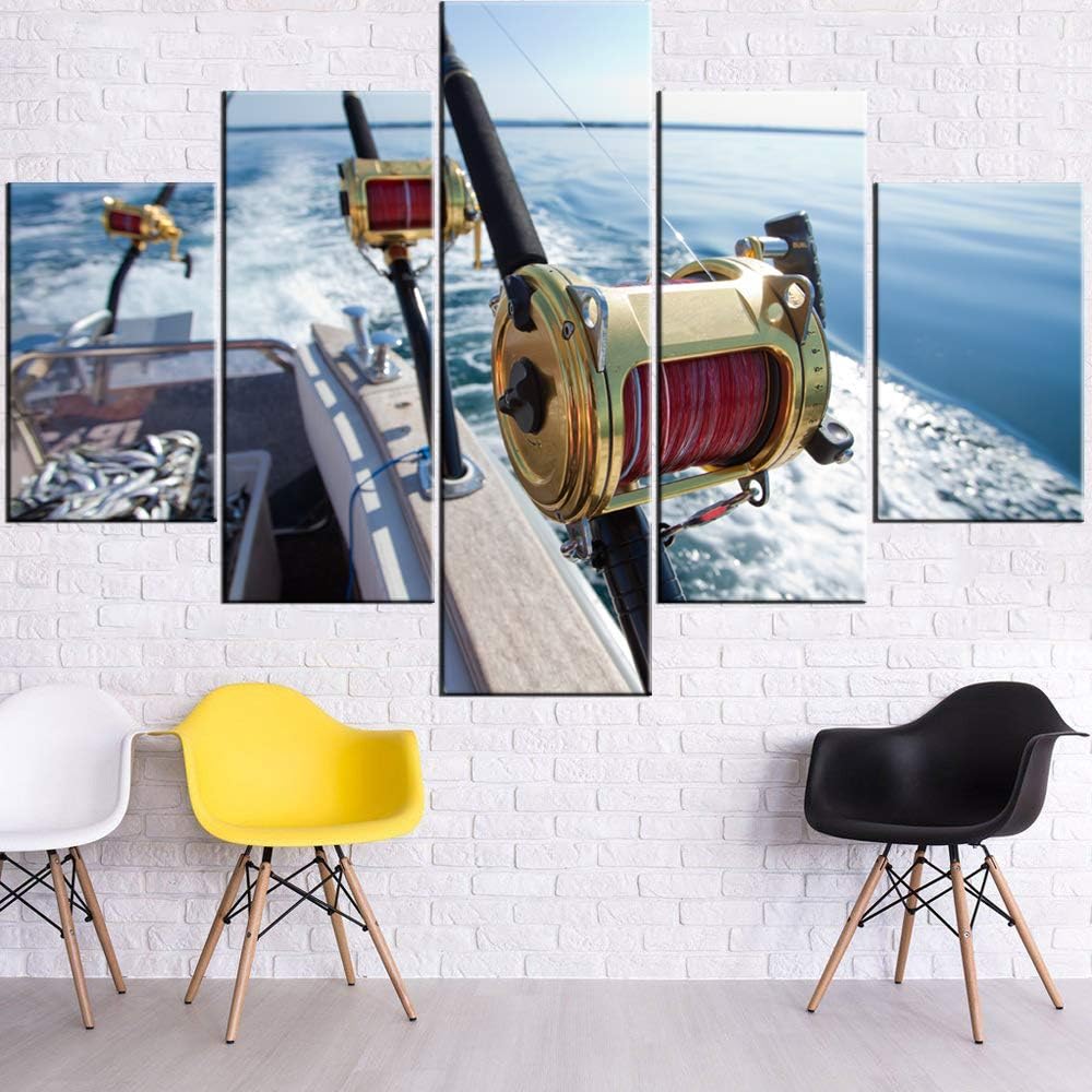 House Decorations Living Room Big Game Fishing Reel Paintings Blue Seascape Angling Pictures Contemporary Artwork 5 Panel Prints Wall Art on Canvas Framed Ready to Hang Posters and Prints(60''Wx40''H)