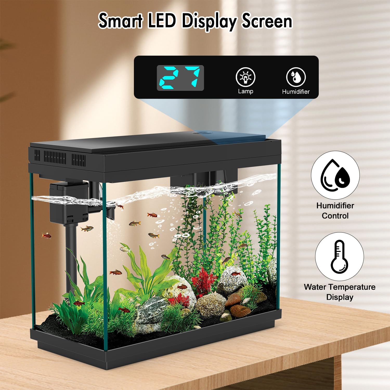 Smart Aquarium Fish Tank with Silent Water Pump, 2.4 Gallon Small Aquarium with Quick Start Kit, Temperature Display, Humidifier and RGB Lights, Perfect for Home, Office, and Decor