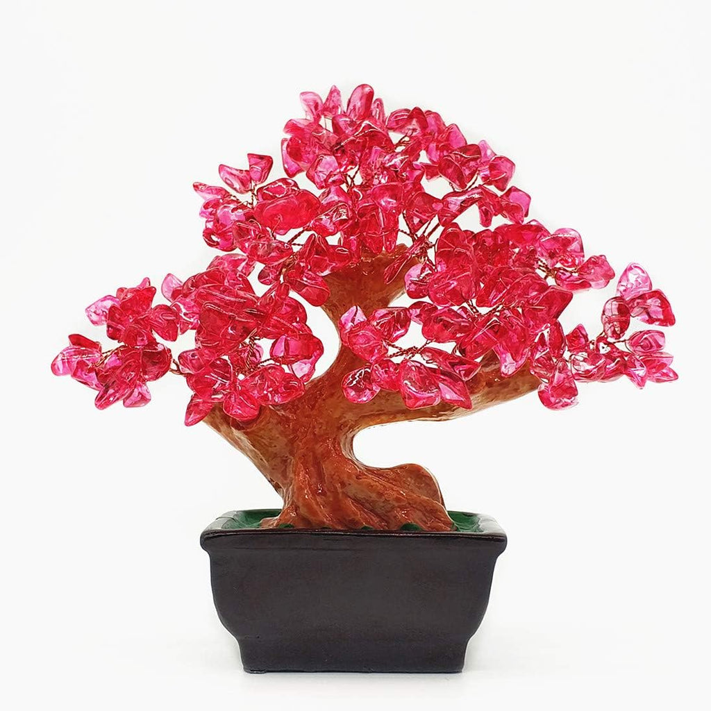 Feng Shui Quartz Crystal Money Tree Bonsai Style Decoration for Luck and Wealth (Red)
