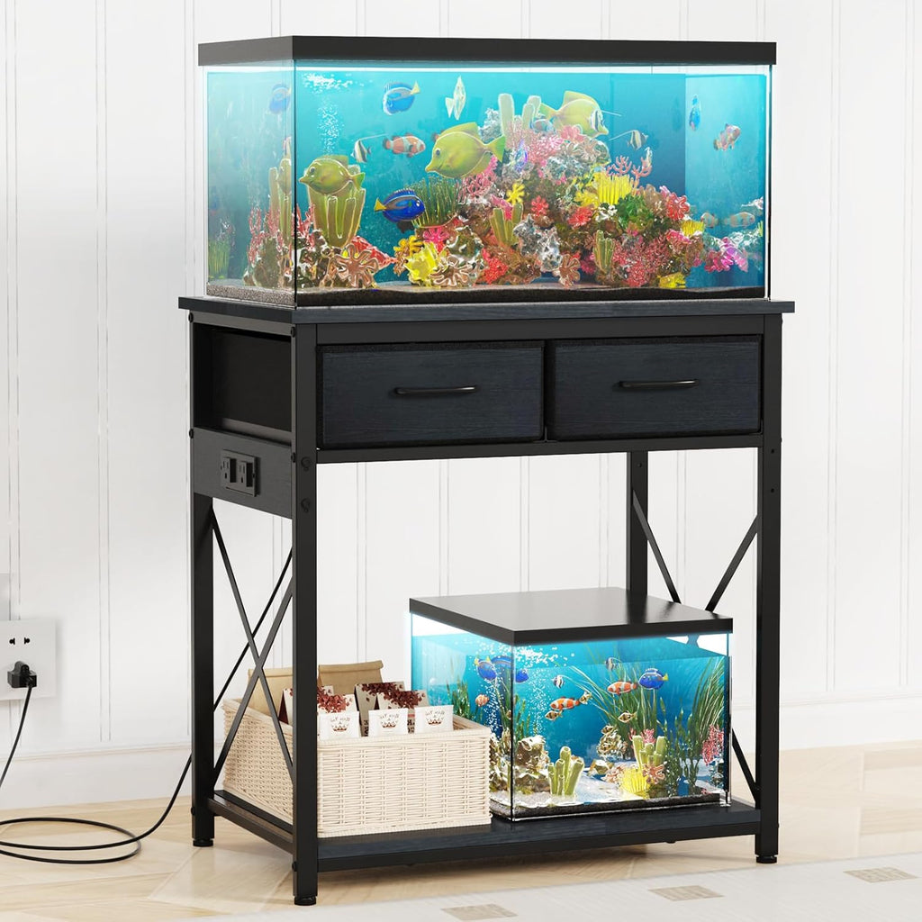 TFK 20-29-37 Gallon Fish Tank Stand with Power Outlet, Heavy Duty Metal Aquarium Stand with Two Storage Drawers for Fish Tank Accessories Storage, Perfect for Turtle Tank, Reptile Terrarium, Black