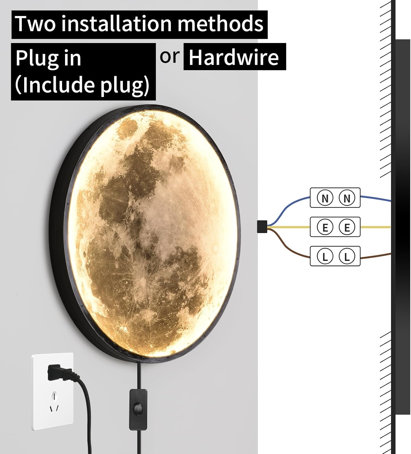 QIYIMEILUX 31.5 inch Large Moon Wall Sconce Plug in Dimmable Modern LED Wall Light with Remote Control 41W Black Wall Lamp Indoor Wall Mounted Lighting Ceiling Light for Living Room Bedroom